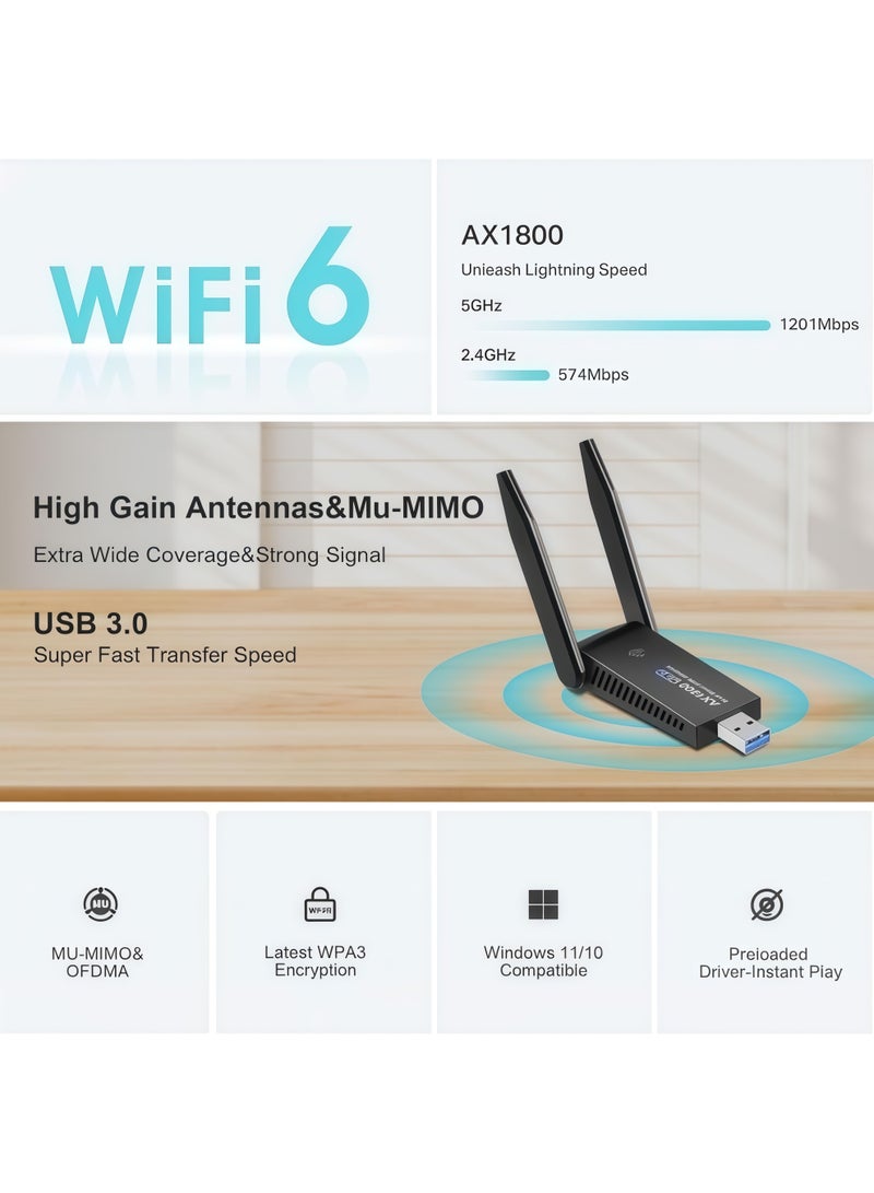 أورييل محول واي فاي USB لاسلكي - مستقبل لاسلكي خارجي ثنائي النطاق 2.4 جيجاهرتز/5.8 جيجاهرتز بسرعة 1800 ميجابت في الثانية، بطاقة شبكة لاسلكية، يدعم واي فاي 6، USB 3.0، WPA3، MU-MIMO، متوافق مع أجهزة الكمبيوتر المكتبية والمحمولة، يعمل بنظامي التشغيل ويندوز 11/10 فقط، برنامج تشغيل مدمج، سهل الاستخدام (التوصيل والتشغيل) - Image 4